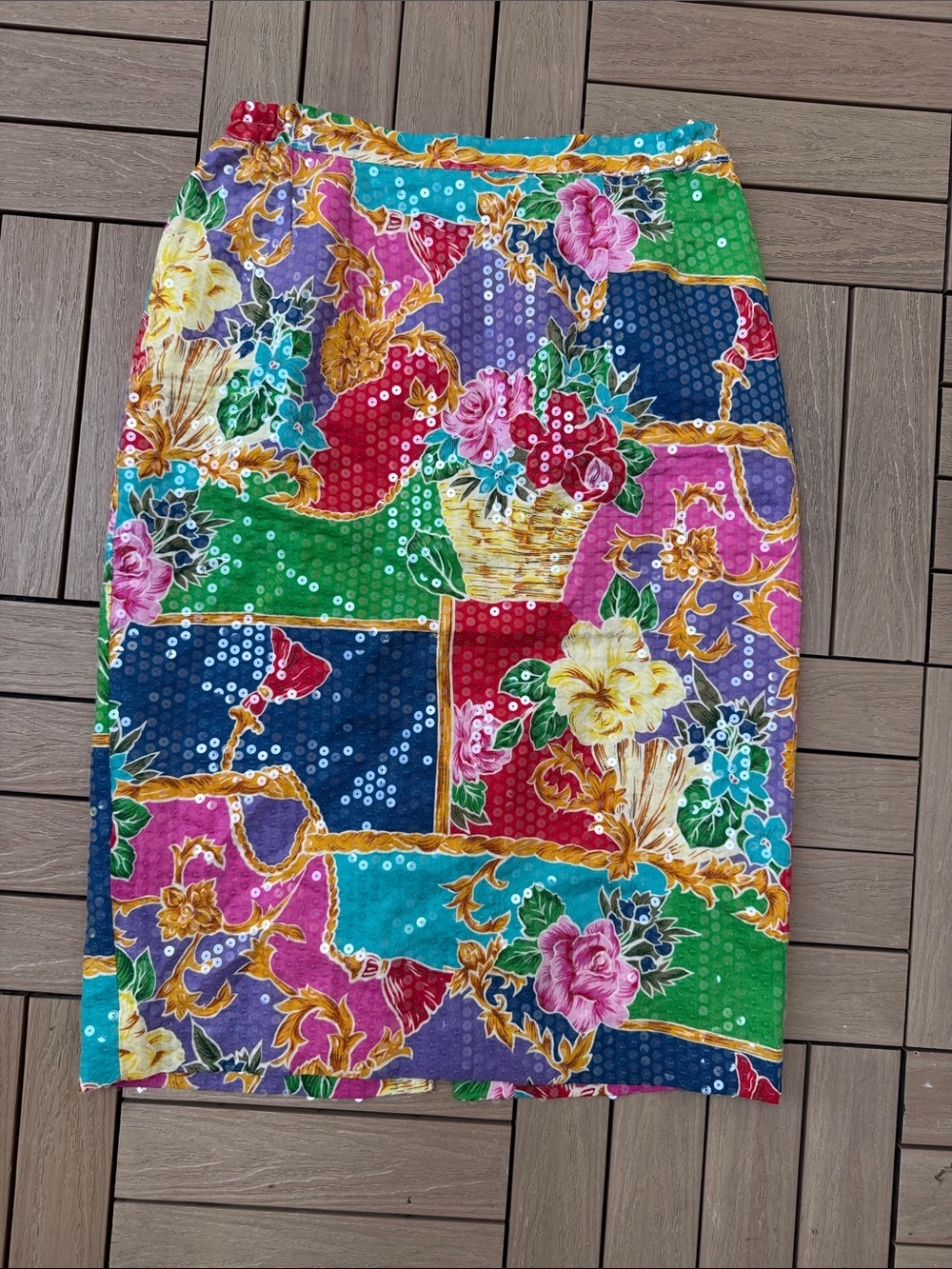 Nana vibrant vintage floral patchwork sequin pencil skirt